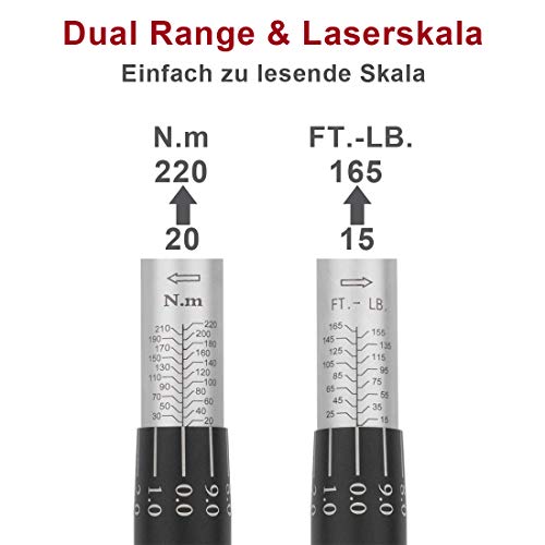 Llave dinamométrica para coche, FOURROBBER 1/2 pulgadas, 20-220 Nm, versión mejorada de la llave 90 dientes, incluye insertos especiales tornillos rueda, ± 3% precisión error.