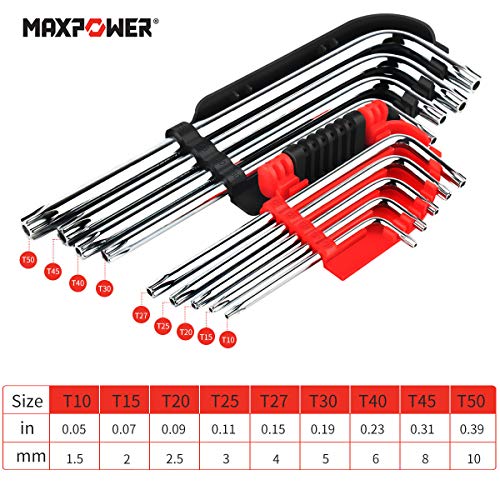 Llaves Torx, MAXPOWER Juego de Llaves Hexagonales Torx Largas Llave Allen Llave de Estrellas Métrica T10-T50, CR-V Hex Key Set