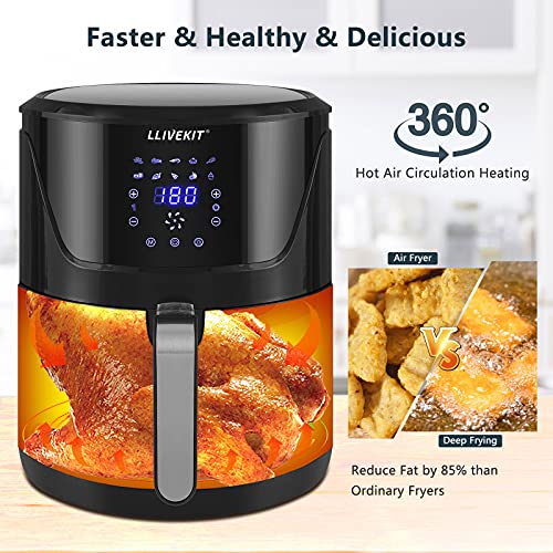 LLIVEKIT Freidora de Aire Caliente 1800W 7L Freidora sin Aceite con Pantalla LED Táctil 10 Modos de Cocción Temporizador y Temperatura Ajustable 80-200℃ AirFryer Elétrico Negro WAF0021DE