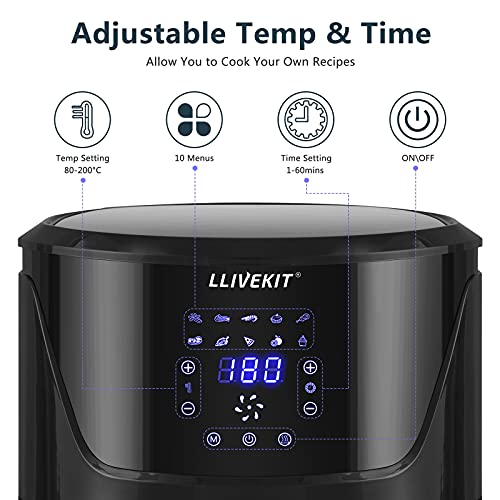 LLIVEKIT Freidora de Aire Caliente 1800W 7L Freidora sin Aceite con Pantalla LED Táctil 10 Modos de Cocción Temporizador y Temperatura Ajustable 80-200℃ AirFryer Elétrico Negro WAF0021DE