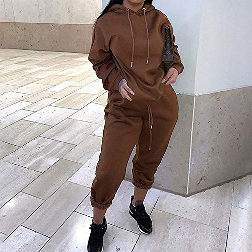 Loalirando Chándal Completo para Mujer 2 Piezas Traje Deportivo de Color Liso Conjunto de Top Sudadera Corta de Manga Larga con Capucha + Pantalones Largos de Cintura Elástica con Cordón (Marrón, M)