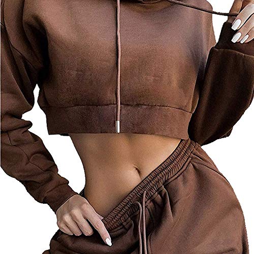 Loalirando Chándal Completo para Mujer 2 Piezas Traje Deportivo de Color Liso Conjunto de Top Sudadera Corta de Manga Larga con Capucha + Pantalones Largos de Cintura Elástica con Cordón (Marrón, M)