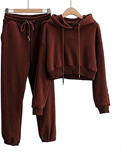 Loalirando Chándal Completo para Mujer 2 Piezas Traje Deportivo de Color Liso Conjunto de Top Sudadera Corta de Manga Larga con Capucha + Pantalones Largos de Cintura Elástica con Cordón (Marrón, M)