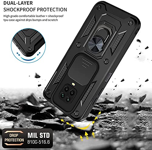 LOCLOUD Funda para Xiaomi Redmi Note 9S/9 Pro, Protección de la Cámara Carcasa con Cubierta de Cámara Deslizante y Soporte de Anill PC Dura y TPU Silicone Anti-Choque Anti-arañazos Case – Negro