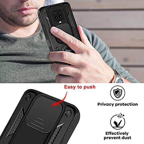 LOCLOUD Funda para Xiaomi Redmi Note 9S/9 Pro, Protección de la Cámara Carcasa con Cubierta de Cámara Deslizante y Soporte de Anill PC Dura y TPU Silicone Anti-Choque Anti-arañazos Case – Negro