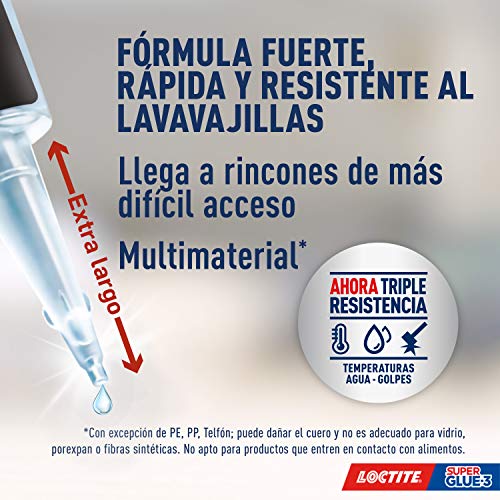 Loctite Super Glue-3 Precisión, pegamento transparente de máxima precisión, pegamento instantáneo triple resistente, adhesivo universal con goteo fácil de regular, 1x10 g