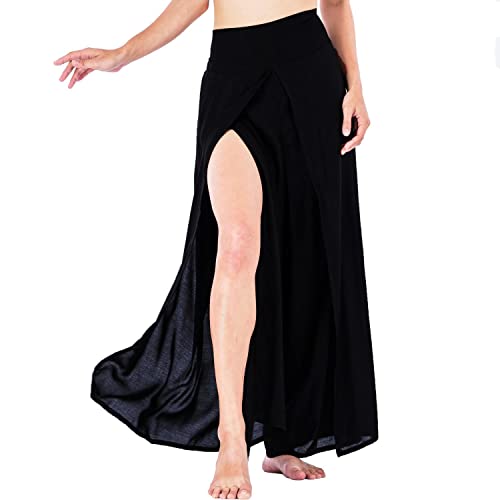Lofbaz Slit Leg Palazzo Pantalones de Yoga para Mujeres niñas Maternidad Verano Playa Pantalones de Cintura Alta Boho Harem Color Sólido Negro S