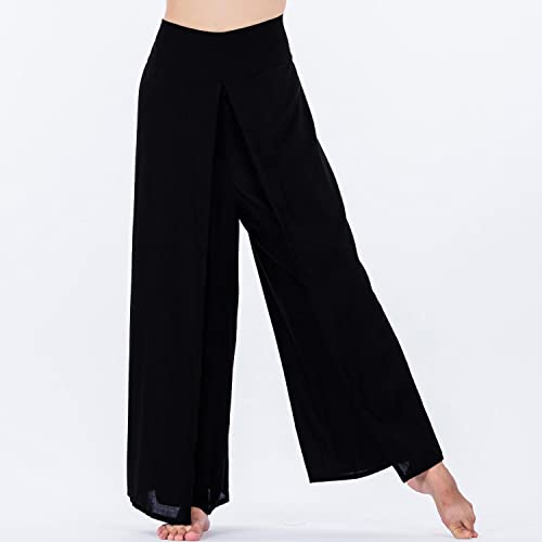 Lofbaz Slit Leg Palazzo Pantalones de Yoga para Mujeres niñas Maternidad Verano Playa Pantalones de Cintura Alta Boho Harem Color Sólido Negro S