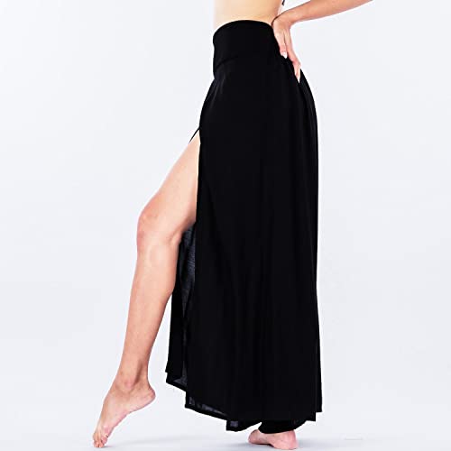 Lofbaz Slit Leg Palazzo Pantalones de Yoga para Mujeres niñas Maternidad Verano Playa Pantalones de Cintura Alta Boho Harem Color Sólido Negro S