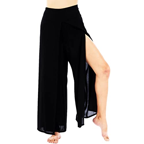 Lofbaz Slit Leg Palazzo Pantalones de Yoga para Mujeres niñas Maternidad Verano Playa Pantalones de Cintura Alta Boho Harem Color Sólido Negro S