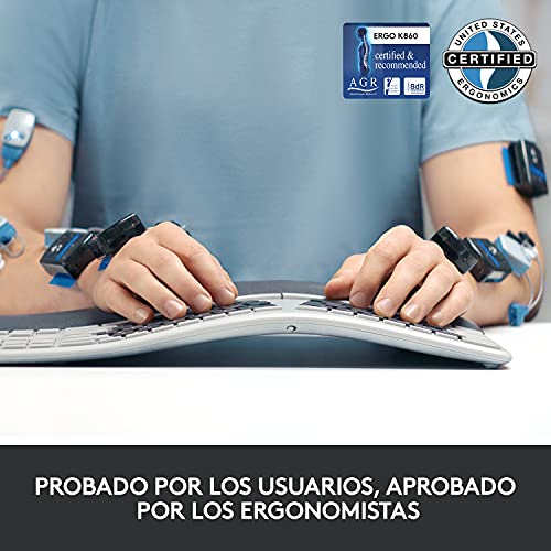 Logitech ERGO K860 Teclado inalámbrico y ergonómico - Teclado partido, reposamanos, escritura natural, conectividad Bluetooth y USB, compatible con Windows/Mac, Disposición QWERTY Español - Gris