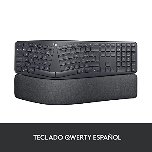 Logitech ERGO K860 Teclado inalámbrico y ergonómico - Teclado partido, reposamanos, escritura natural, conectividad Bluetooth y USB, compatible con Windows/Mac, Disposición QWERTY Español - Gris