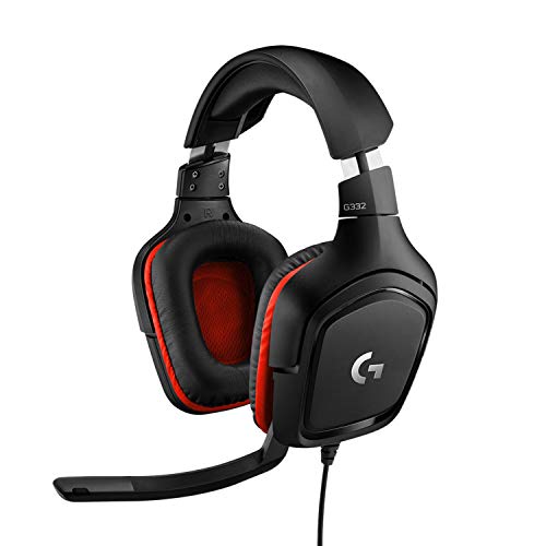 Logitech G332 Auriculares Gaming con Cable, Transductores 50 mm, Almohadillas Giratorias Cuero Sintético, 3,5 mm Jack, Mic Volteable para Silenciar, Ultra-Ligero, PC/Xbox One/PS4/Switch - Negro/Rojo