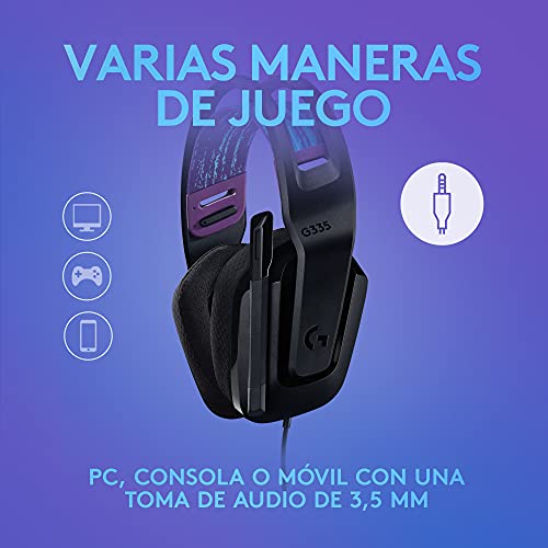 Logitech G335 Auriculares con Cable para Gaming, Micrófono Volteable, Jack de 3.5mm, Almohadillas de espuma viscoelástica, compatible con PC, PlayStation, Xbox, Nintendo Switch - Negro