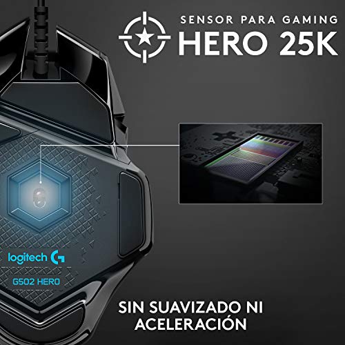 Logitech G502 HERO Ratón Gaming con Cable Alto Rendimiento, Captor HERO 25K, 25,600 DPI, RGB, Peso Personalizable, 11 Botones Programables, Memoria Integrada, PC/Mac - Negro