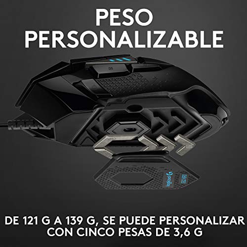 Logitech G502 HERO Ratón Gaming con Cable Alto Rendimiento, Captor HERO 25K, 25,600 DPI, RGB, Peso Personalizable, 11 Botones Programables, Memoria Integrada, PC/Mac - Negro