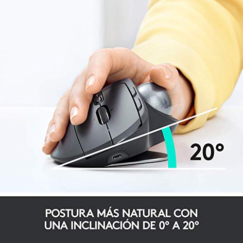 Logitech MX Ergo Trackball, Ratón Inalámbrico Ergonómico, Bluetooth/2.4 GHz con Receptor Unifying USB, Ángulo del Trackball Ajustable, Rueda de Precisión Inclinable, Carga USB-C, PC/Mac/iPad OS, Negro