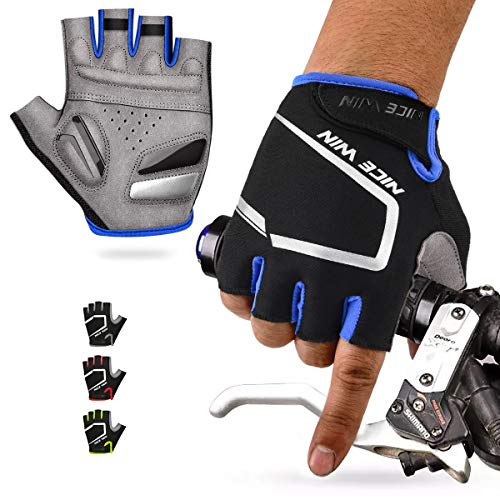 LOHOTEK Guantes de Ciclismo de Bicicleta de Montaña Motocicleta Guantes de Bicicleta de Carretera de Medio-Dedo para Hombres Mujeres Acolchado Antideslizante Transpirable (Azul(Medio Dedo), M)