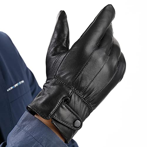 Long Keeper Guantes de Cuero Invierno para Hombre Guantes Piel Negros Calentar Prueba Del Viento Prueba De Frío Térmico Mitones (Negro, Circunferencia de la palma: 23cm)