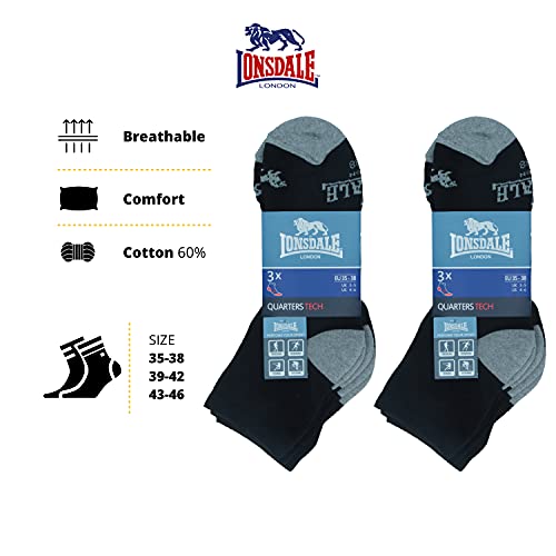 Lonsdale Quarter Tech 6 Pares Calcetines Trekking, Tenis, Ciclismo, Algodón (Negro, 43-46)