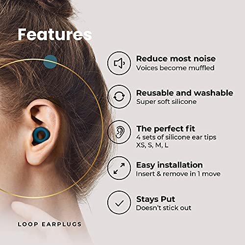 Loop Quiet - Tapones Oídos para dormir – Protección Auditiva de Silicona Suave Reutilizables + 8 Puntas para los Oidos en XS/S/M/L - Reducción Sonido 27dB - Antiruido, Estudiar - Azul