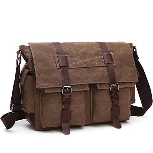 LOSMILE Hombres Lona Bolso de Bandolera La Bolsa de Mensajero Bolsa de Lona Bolsa de Hombro 16 Pulgadas Bolsa de Ordenador Messenger Bag (L, Cafe)