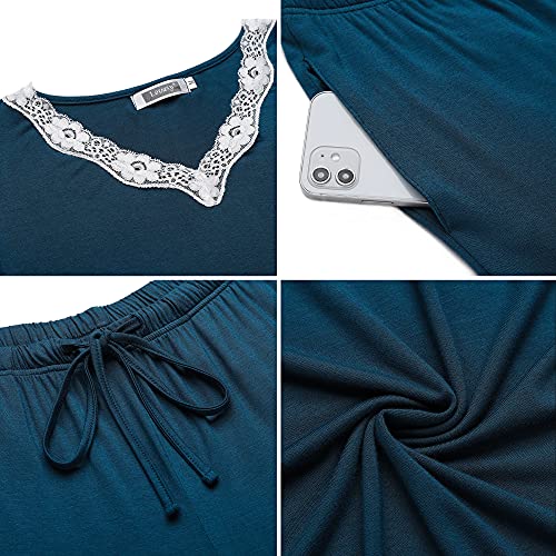 Lovasy Conjuntos de Pijamas Mujer Pijamas para Mujer de Manga Larga con Encaje del Escote Ropa de Dormir Pantalones Largos con Cordón de Bolsillo,Azul Eléctrico,L