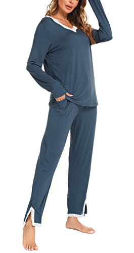 Lovasy Conjuntos de Pijamas Mujer Pijamas para Mujer de Manga Larga con Encaje del Escote Ropa de Dormir Pantalones Largos con Cordón de Bolsillo,Azul Eléctrico,L