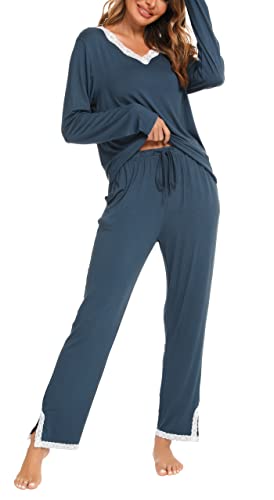 Lovasy Conjuntos de Pijamas Mujer Pijamas para Mujer de Manga Larga con Encaje del Escote Ropa de Dormir Pantalones Largos con Cordón de Bolsillo,Azul Eléctrico,L