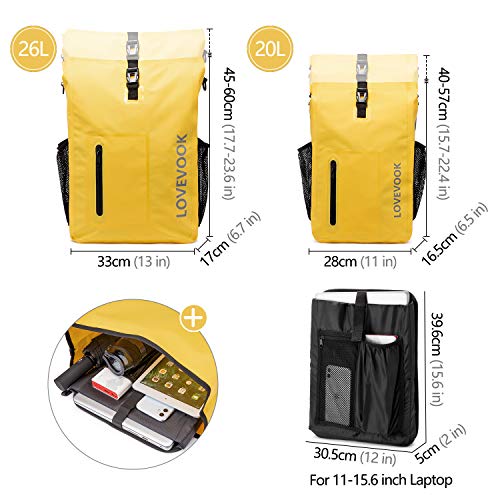 LOVEVOOK Mochila 3 en 1 para bicicleta, 26 L, 100 % impermeable, reflectante, con compartimento para portátil extraíble, gran bolsa para hombre y mujer, color amarillo