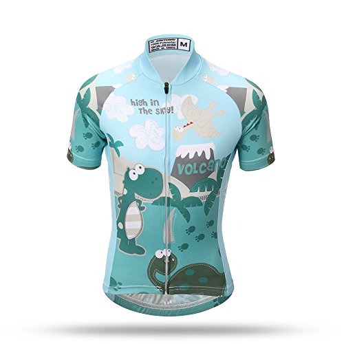 LSERVER Niños Maillot de Ciclismo Camiseta de Manga Corta Transpirable y Secado Rápido para Verano, Dinosaurio Verde, 4-5 años (Etiqueta: M)