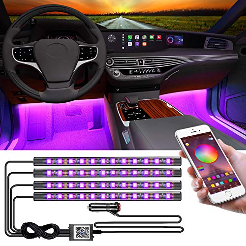 Luces interiores de coche, con aplicación Bluetooth para sincronización de música RGB LED, tira de luces para interior de coche con encendedor de cigarrillos de coche, multicolor