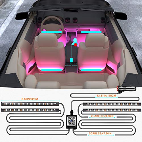Luces interiores de coche, con aplicación Bluetooth para sincronización de música RGB LED, tira de luces para interior de coche con encendedor de cigarrillos de coche, multicolor