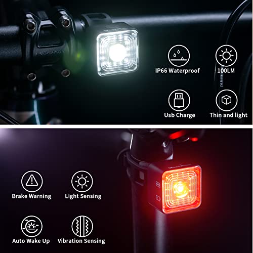 Luces para Bicicleta, Luces Delanteras y Traseras Recargables USB con 5 Modos de luz, Juego de Luces de Bicicleta IP66 / 120LM a Prueba de Agua con Dispositivo de Sensor de Freno