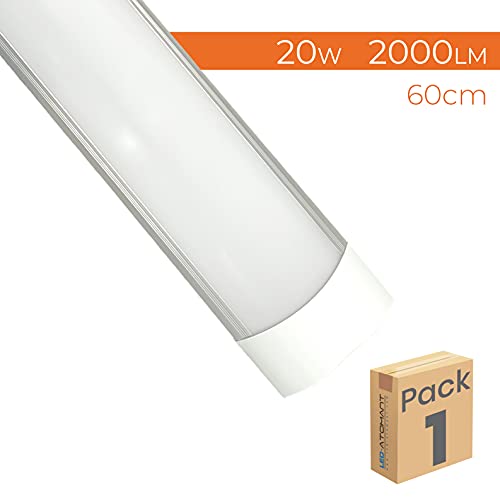 Luminaria Lampara de techo LED 60 cm, 20W, Color Blanco Frio 6500K. Luminaria Led Integrada Equivalente a 2 Tubos Fluorescentes. 2000 Lumenes reales. Regleta LED