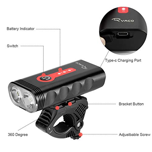 Luz de Bicicleta RYACO, Luces de Bicicleta Recargables USB, Faro Delantero, 2400 lúmenes, 4 Modos, IP65, luz de montaña Impermeable para Ciclismo, Linterna (Negro y Rojo)