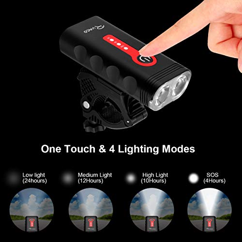 Luz de Bicicleta RYACO, Luces de Bicicleta Recargables USB, Faro Delantero, 2400 lúmenes, 4 Modos, IP65, luz de montaña Impermeable para Ciclismo, Linterna (Negro y Rojo)