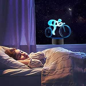 Luz de Noche LED Ilusión 3D Lámpara de Mesa de Cabecera 16 colores Cambiando la iluminación dormir con el botón de tacto inteligente Lindo regalo de calentamiento actual Decoración creativa(Bicicleta)