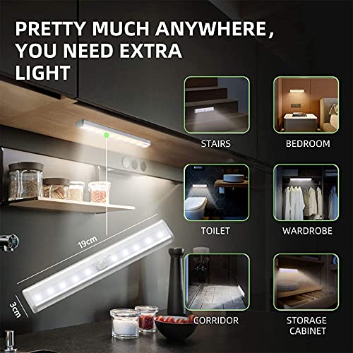 Luz LED Armario Sensor Movimiento, 4 Piezas 3000K Regleta LED a Pilas Luces LED Cocina Bajo Mueble Sin Cable Con Tira Magnética Adhesiva Luz Nocturna LED Inalámbrica Para Escaleras Interiores Pasillo