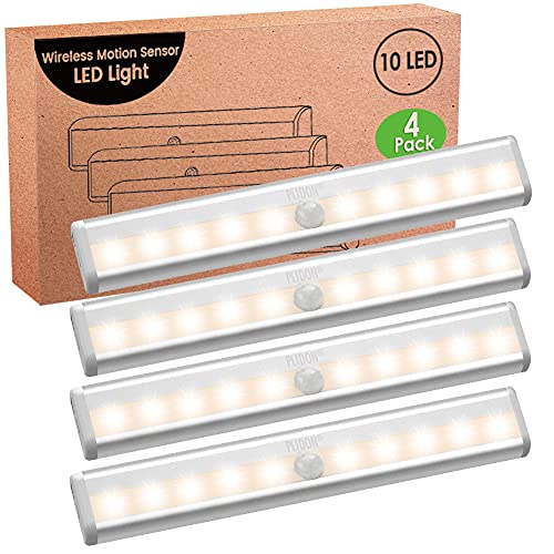 Luz LED Armario Sensor Movimiento, 4 Piezas 3000K Regleta LED a Pilas Luces LED Cocina Bajo Mueble Sin Cable Con Tira Magnética Adhesiva Luz Nocturna LED Inalámbrica Para Escaleras Interiores Pasillo