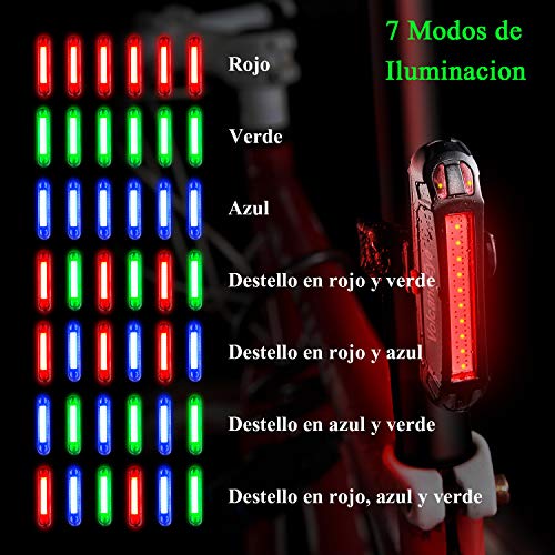 Luz Trasera para Bicicleta Potente (2 Paquetes) Luz de Seguridad LED Recargable USB Piloto Luz Trasera Impermeable para Ciclismo Súper Brillante Rojo Verde Azul 7 Modos Adecuada para Bici de Carretera