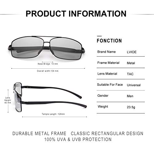 LVIOE Fotocromaticas Hombres Polarizadas Gafas De Sol Rectangulares Marco De Metal Protección 100% UVA & UVB