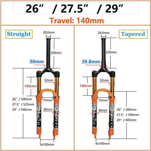 LvTu 26/27.5/29 Horquilla Suspensión Aire MTB Viaje 140mm, Ajuste de Rebote Tubo Recto/Cónico XC Am Ultraligero Bicicleta de Montaña Horquilla Delantera