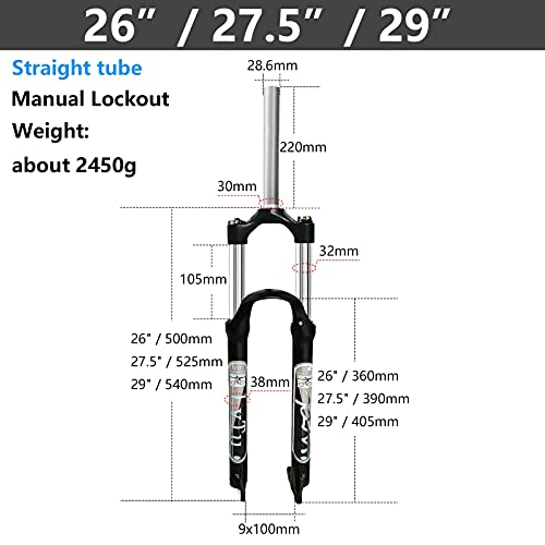 LvTu Bicicleta 26 27,5 29 Pulgadas Horquilla Delantera de Bicicleta de Montaña, 1-1/8" Tubo Recto Horquilla de Suspensión MTB QR de 9mm Choque de Resorte Hidráulico Mecánico (Size : 29)