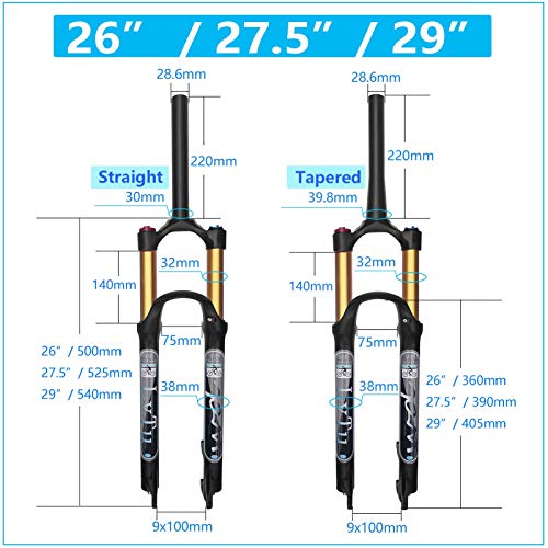 LvTu Bicicleta Horquilla Aire Suspensión 140mm Viajar LVTU-WQ-006 Bicicleta de Montaña Horquillas MTB Amortiguación Ajustable 26/27.5/29 (Color : Tapered Remote Lockout, Size : 26")