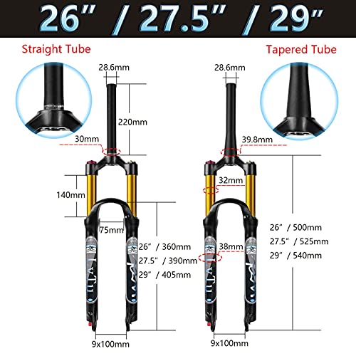 LvTu Bicicleta Horquilla Suspensión Aire MTB 26 27.5 29 Pulgadas Viaje 140mm, Ajuste de Rebote 1-1/8" Tubo Recto/Cónico QR 9mm Ultraligero Bloqueo Manual/Remoto Bicicleta de Montaña Horquilla De