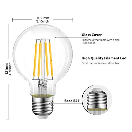 LVWIT Bombillas Globo de Filamento LED E27 (Casquillo Gordo) - 8W equivalente a 60W, 806 lúmenes, Color blanco cálido 2700K. Bombilla retro vintage, No regulable - Pack de 6 Unidades.