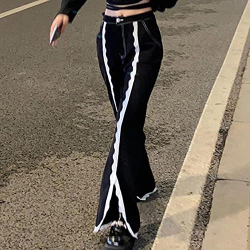 LXCQI Patchwork Encaje Plus Tamaño Split Denim Pant Mamá Slit Jeans Pantalones Pantalones Boyfriend Mujer Streetwear Harajuku Fashion Punk Goth-Negro_XXL