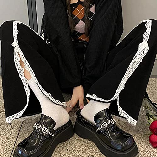 LXCQI Patchwork Encaje Plus Tamaño Split Denim Pant Mamá Slit Jeans Pantalones Pantalones Boyfriend Mujer Streetwear Harajuku Fashion Punk Goth-Negro_XXL