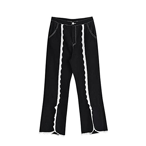 LXCQI Patchwork Encaje Plus Tamaño Split Denim Pant Mamá Slit Jeans Pantalones Pantalones Boyfriend Mujer Streetwear Harajuku Fashion Punk Goth-Negro_XXL